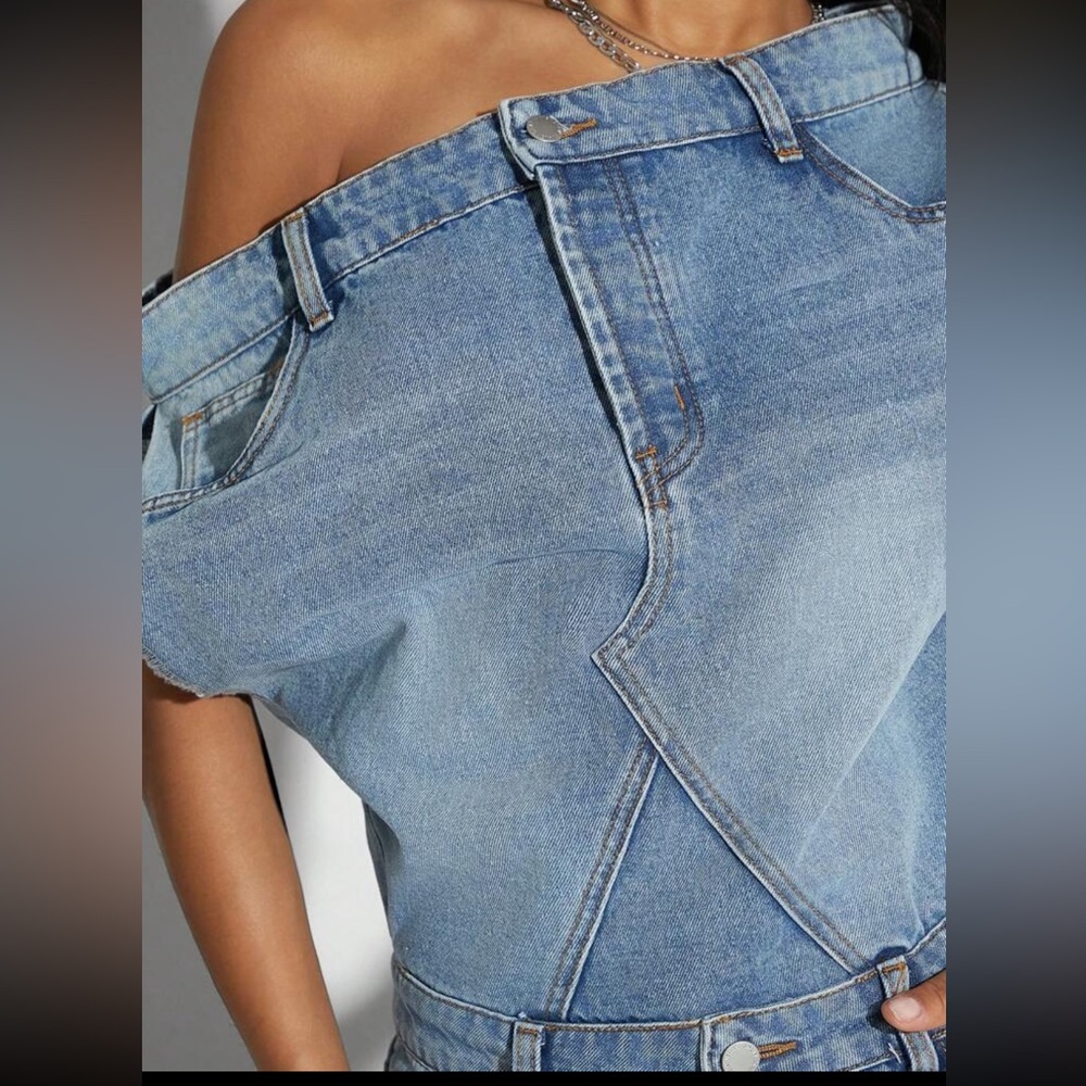 Western Medium Wash one shoulder Split Thigh Maxi Denim Dress - Picture 4 of 5